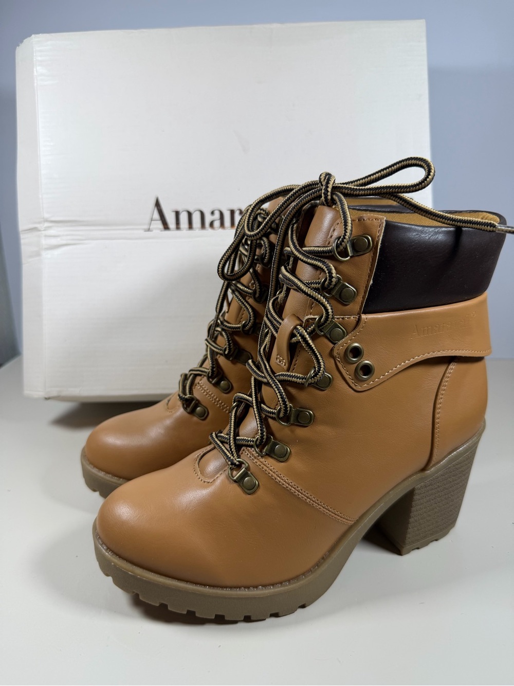 Tan Leather Lace-Up Block Heel Booties